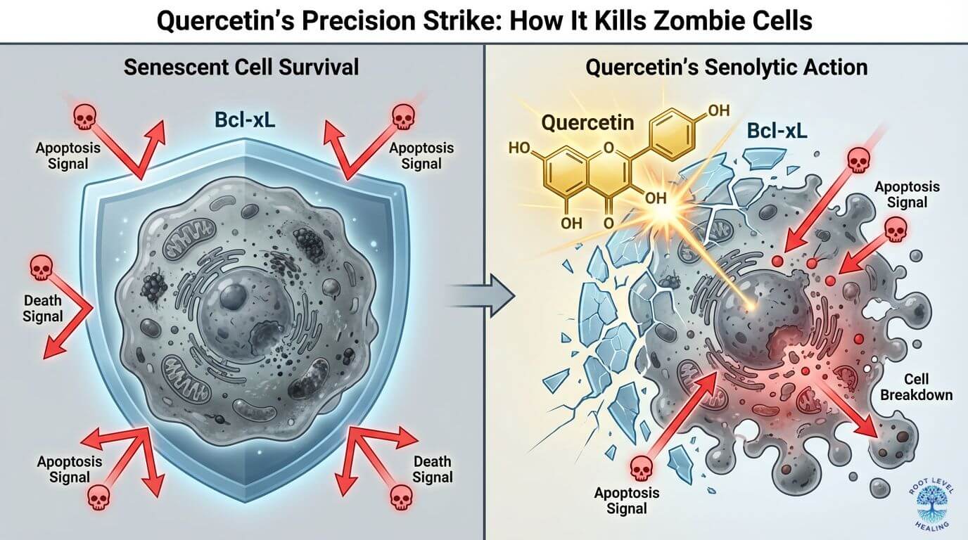 Infographic detailing how Quercetin inhibits multiple pro-survival pathways like PI3K/Akt and Bcl-xL to induce apoptosis in senescent cells.