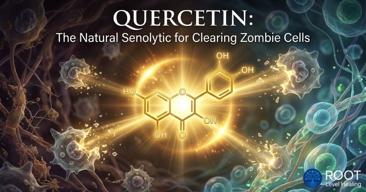 Artistic illustration of Quercetin molecules targeting and clearing out senescent 'zombie' cells, restoring tissue health.