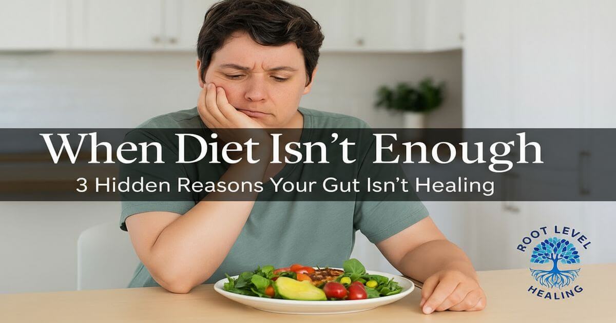 A person looking frustrated at a plate of healthy food, with question marks around them representing why their gut isn't healing.