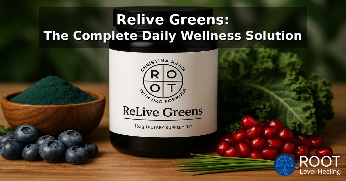 A high-quality product shot of the ReLive Greens bottle surrounded by a vibrant array of its natural ingredients like spirulina, kale, and blueberries.