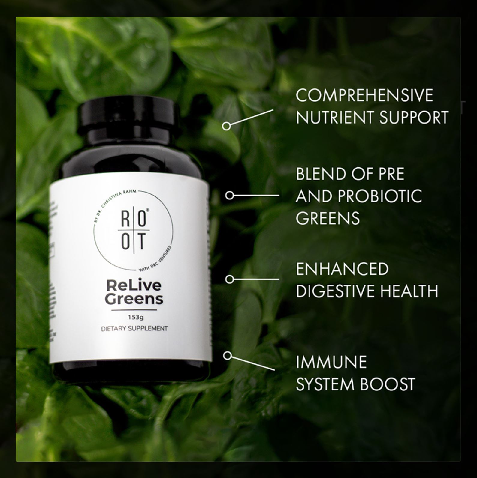 Infographic highlighting the key benefits of ReLive Greens: Comprehensive Nutrient Support, Blend of Pre and Probiotic Greens, Enhanced Digestive Health, and Immune System Boost.