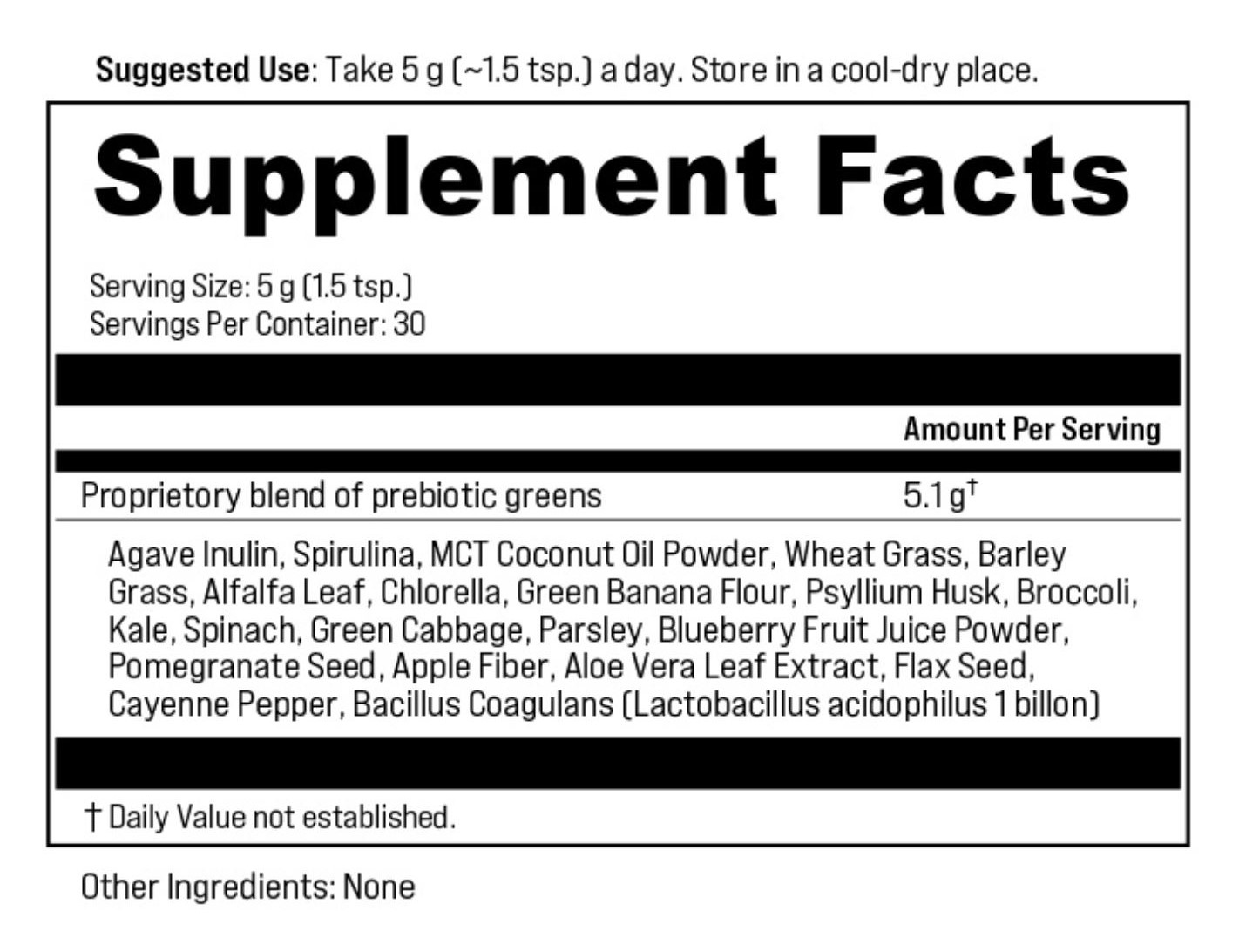 Supplement facts for ReLive Greens, showing a proprietary blend of prebiotic greens including Agave Inulin, Spirulina, and more.