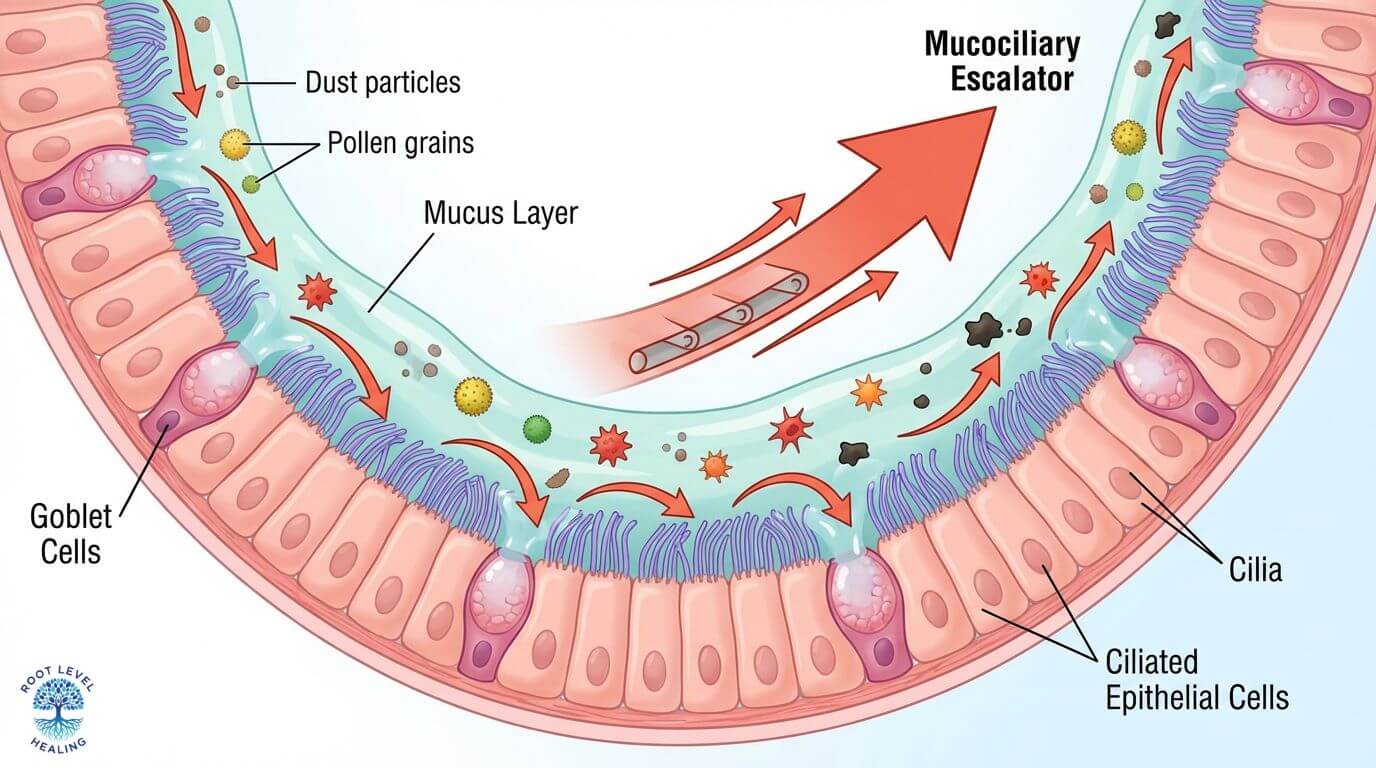 An illustration of the mucociliary escalator in the respiratory tract, showing cilia moving mucus and trapped particles out of the airways.