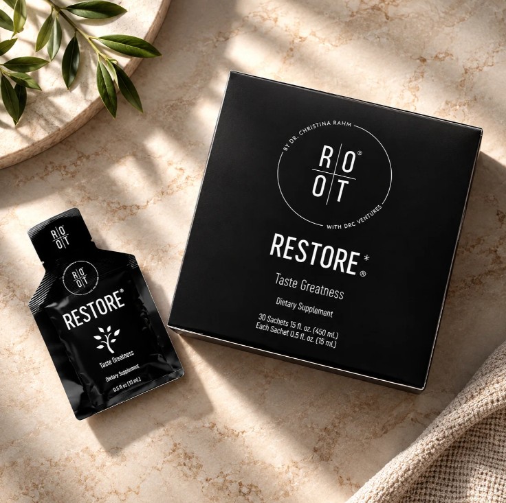 ROOT Brands Restore box of 30 single-serving 0.5 fl oz (15 mL) sachets, with one sachet beside it.