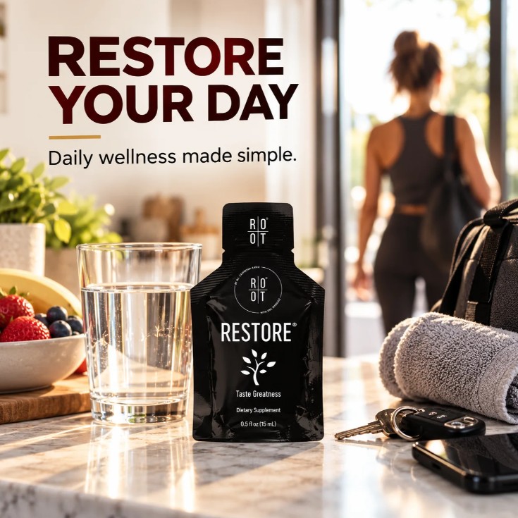 ROOT Brands Restore 15 mL sachet on a kitchen counter beside a glass of water, fruit, keys and a gym bag, with the words Restore Your Day and Daily wellness made simple.