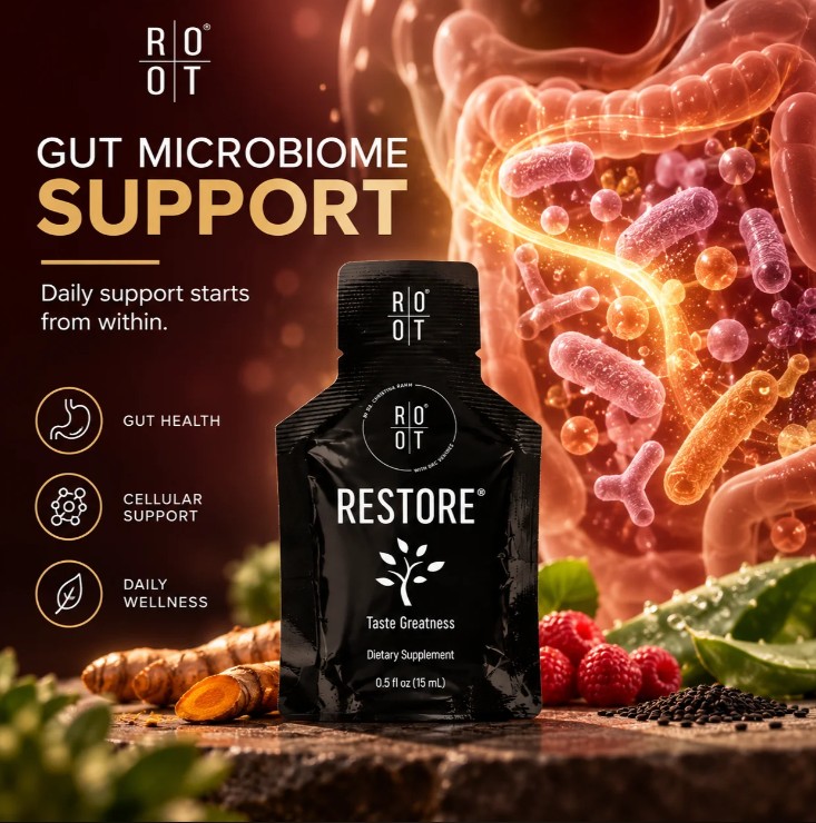 ROOT Brands Restore 15 mL sachet with the words Gut Microbiome Support, Gut Health, Cellular Support and Daily Wellness.