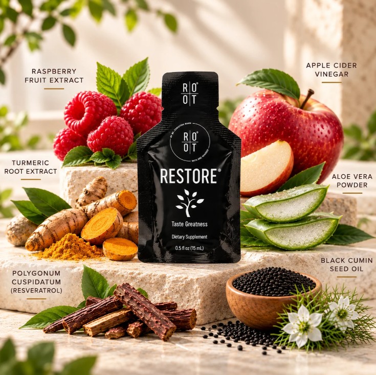 Restore 15 mL sachet with its ingredients: raspberry fruit extract, turmeric root, Polygonum cuspidatum (resveratrol), apple cider vinegar, aloe vera and black cumin seed oil.