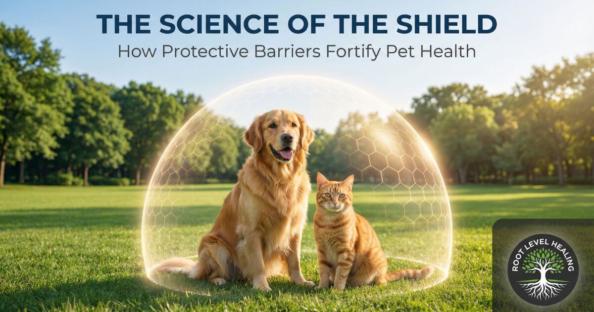 Golden retriever and orange tabby cat sitting together outdoors surrounded by a translucent protective shield with hexagonal pattern, representing the science-based dual-action barrier of Hypochlorous Acid (HOCl) and Orthosilicic Acid (OSA) that fortifies pet skin health against environmental threats.