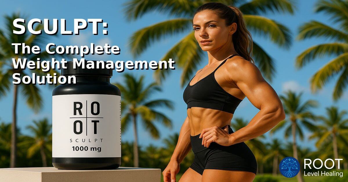 A sleek product shot of the SCULPT supplement bottle, with glowing lines illustrating the concepts of glucose control and fat metabolism.