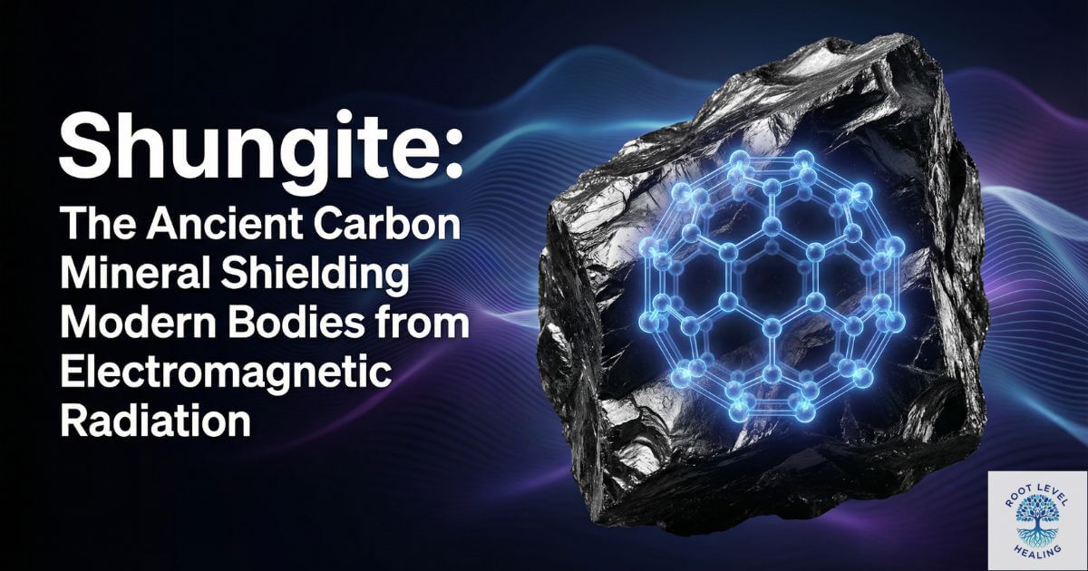 Raw black shungite stone with molecular fullerene C60 structure overlay showing electromagnetic field protection properties