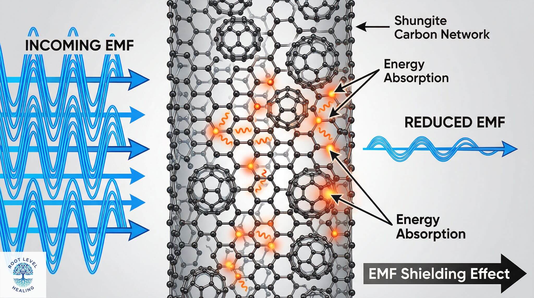 Diagram showing how shungite's carbon structure absorbs and disperses electromagnetic waves