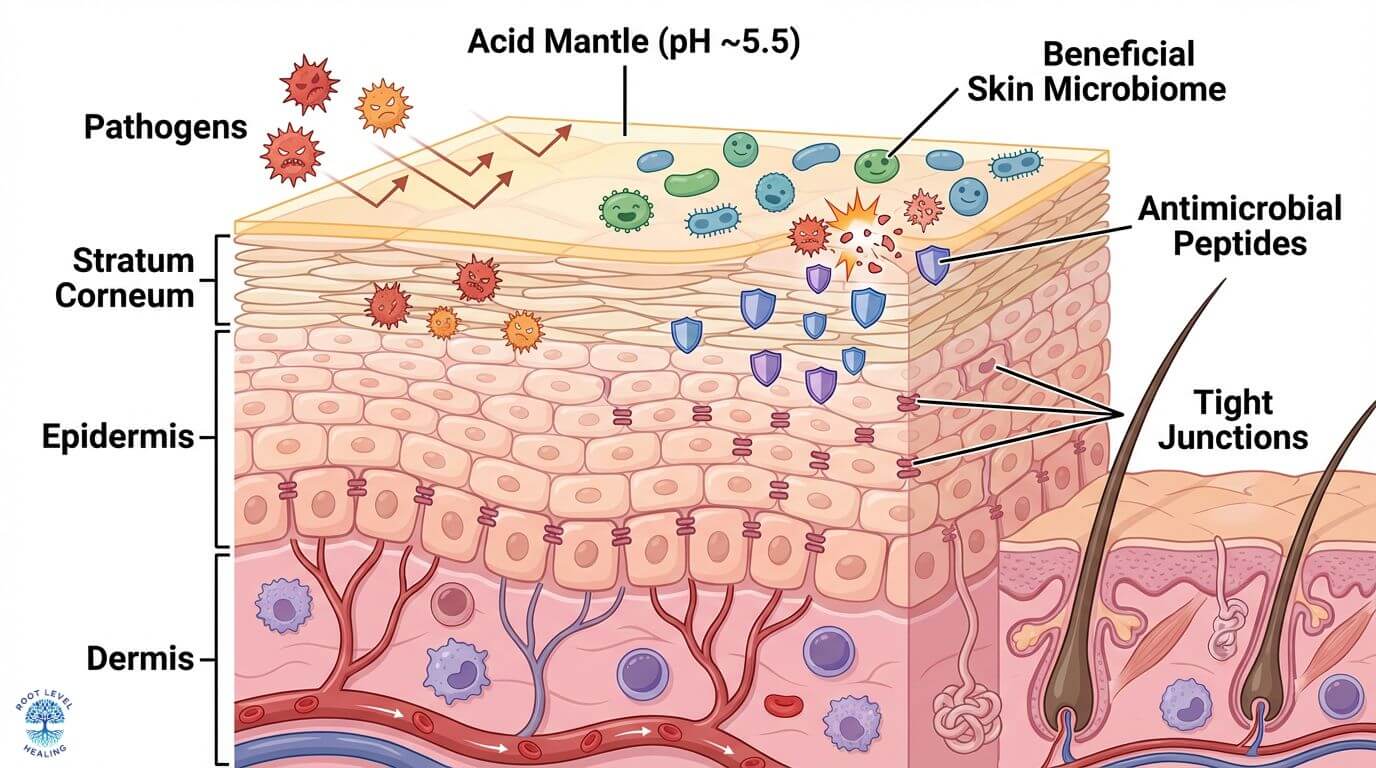 A diagram illustrating the layers of the skin and its defensive components, including the epidermis, dermis, acid mantle, and microbiome.