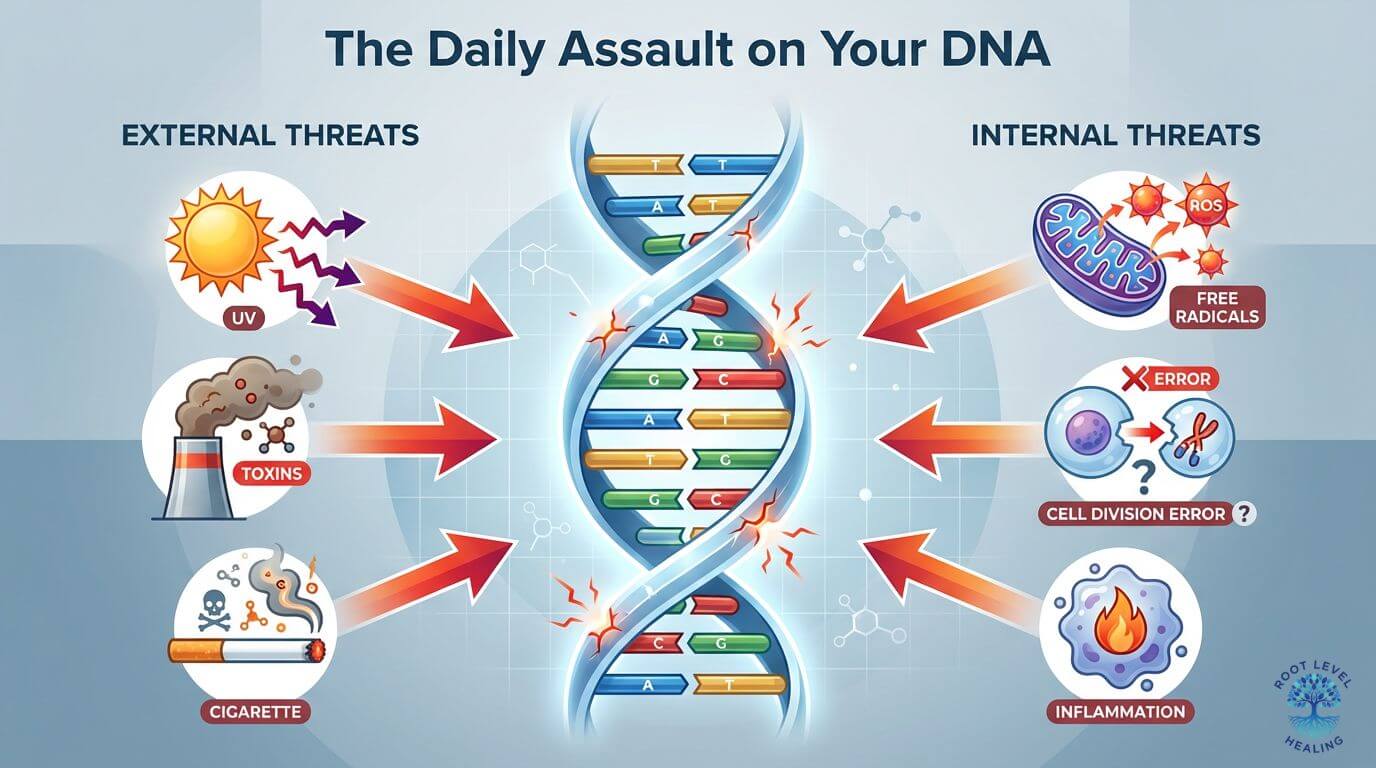 Illustration showing the sources of daily DNA damage, including UV radiation, environmental toxins, metabolic free radicals, and replication errors attacking a DNA strand.