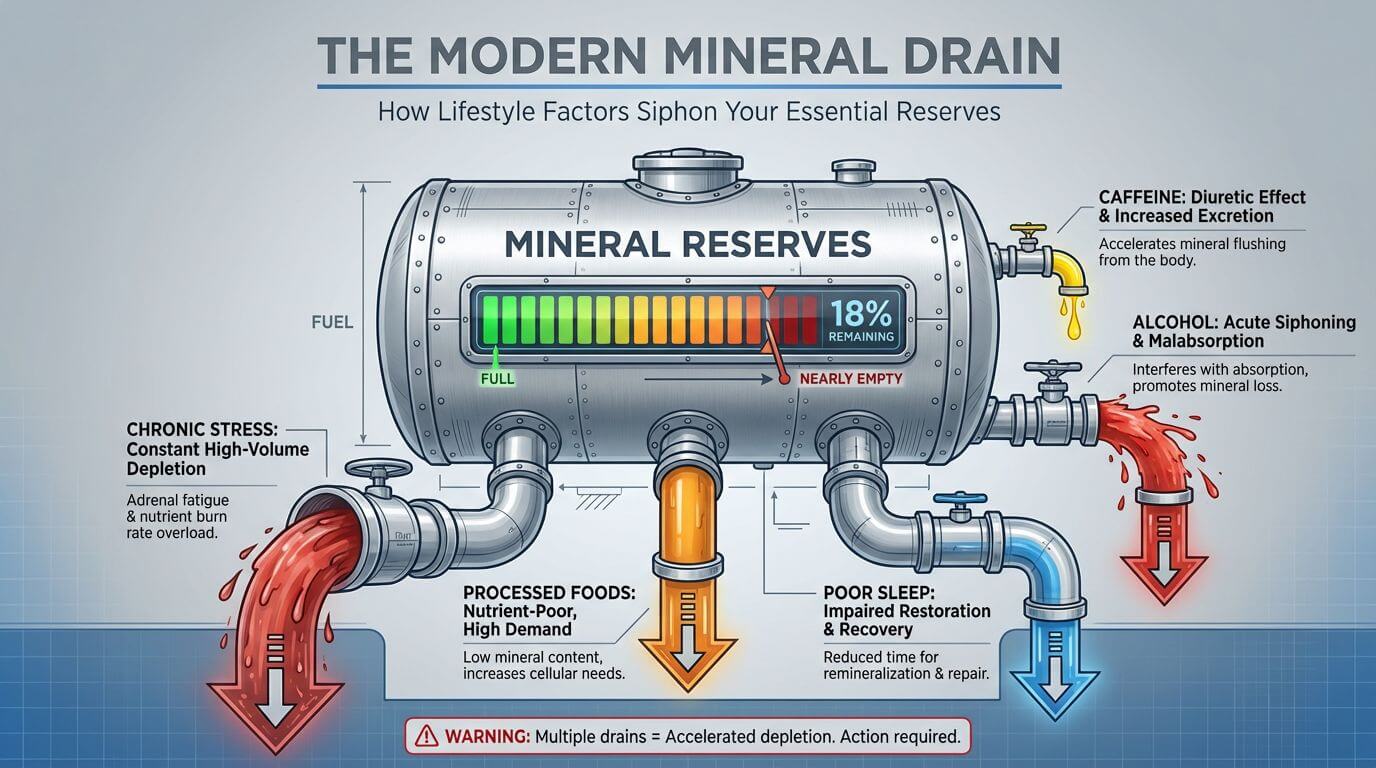 A diagram illustrating how modern lifestyle factors like stress, processed foods, and alcohol contribute to mineral depletion.