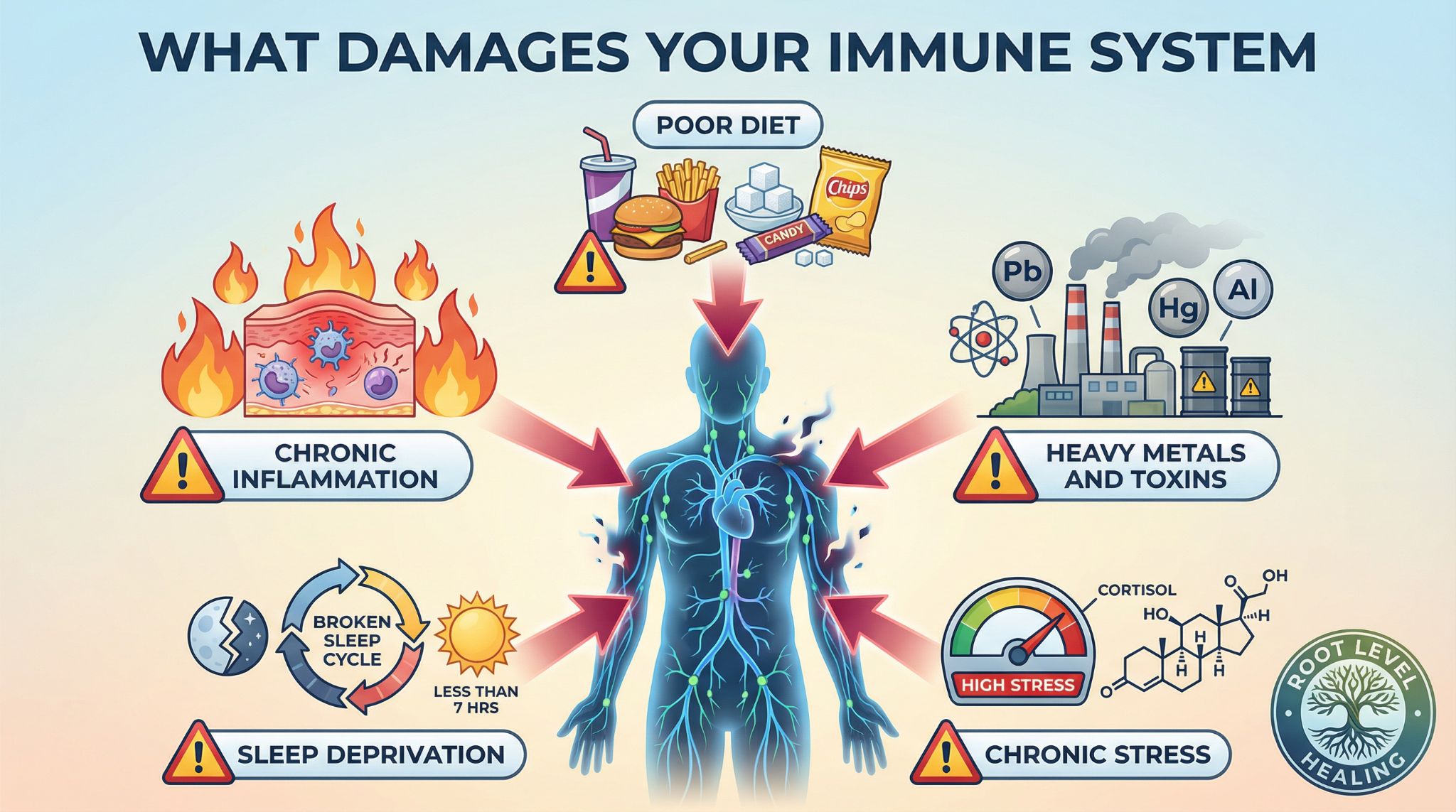 Five major threats that damage immune system: poor diet, heavy metals, chronic stress, sleep deprivation, and inflammation