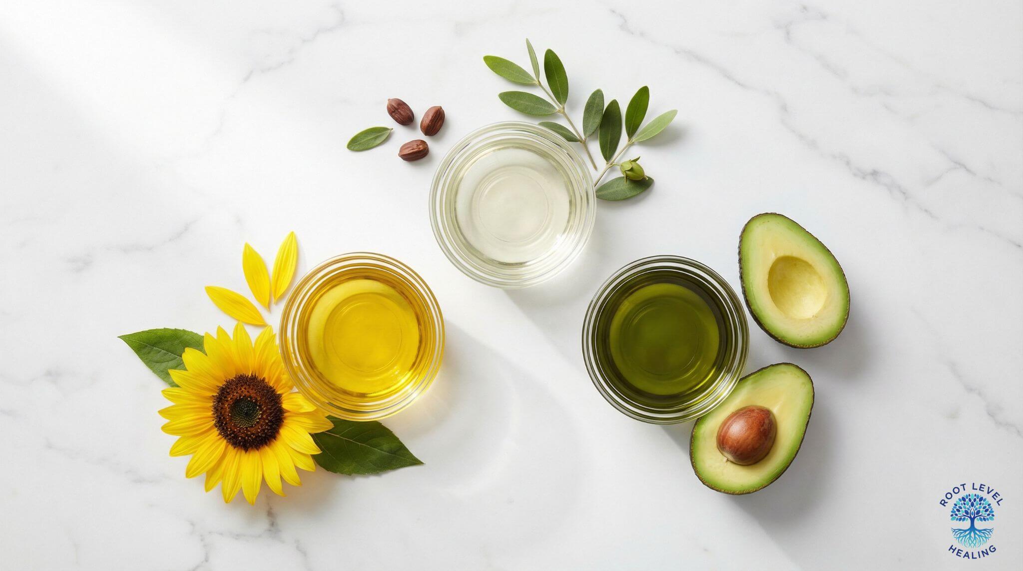 A beautiful flat lay of sunflower, jojoba, and avocado oils in small glass bowls, surrounded by their respective plant sources.
