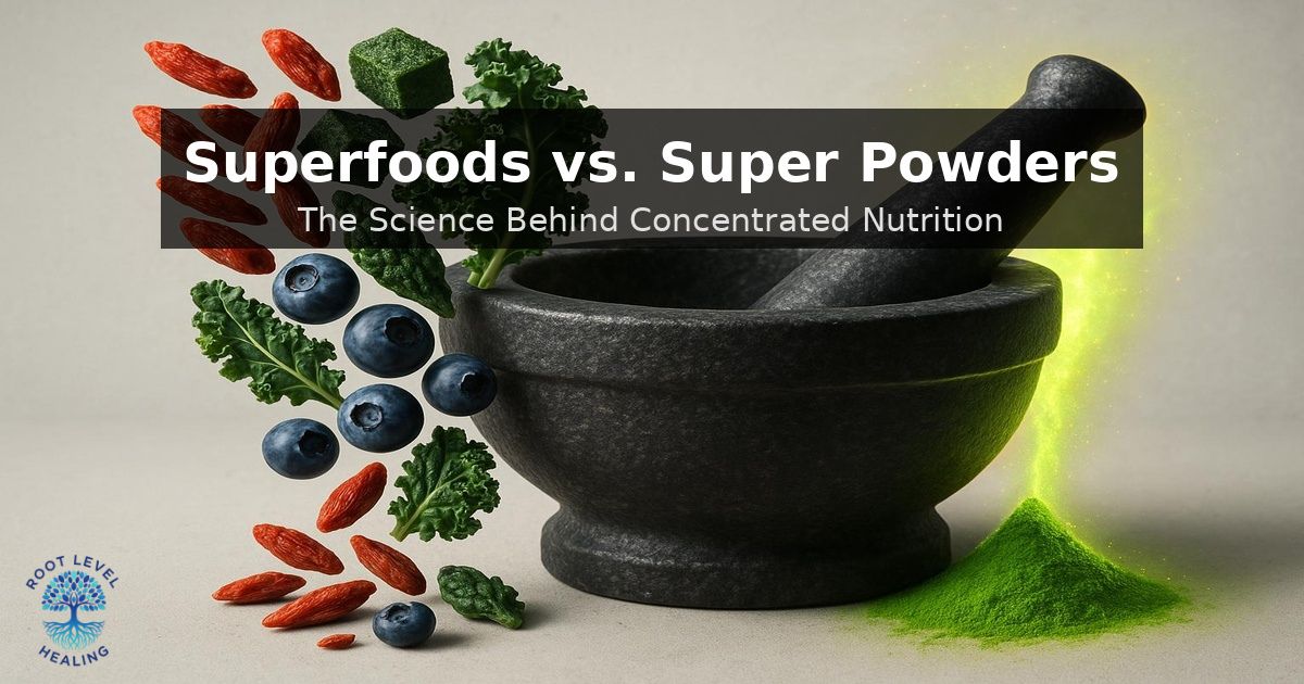 A mortar and pestle grinding vibrant superfoods like goji berries and spirulina into a fine, glowing powder, representing concentrated nutrition.