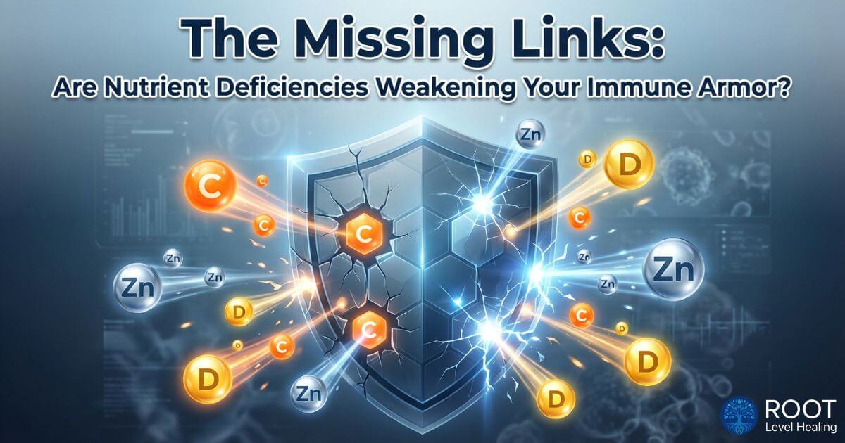 A conceptual image showing a cracked or weakened shield being repaired by glowing nutrient particles representing Vitamin C, D, and Zinc.