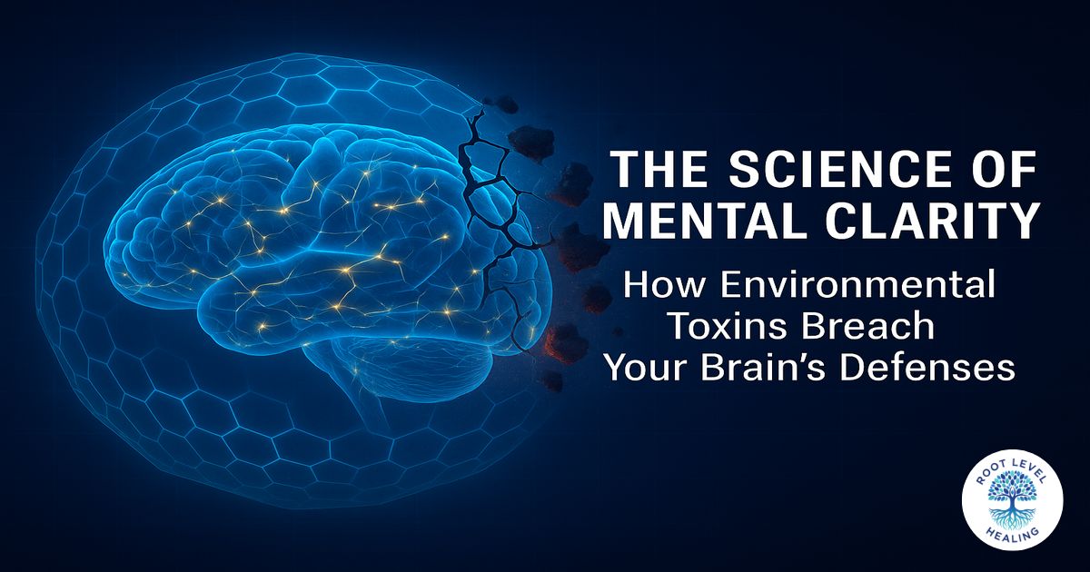 An illustration showing toxins breaching the blood-brain barrier and affecting mental clarity.
