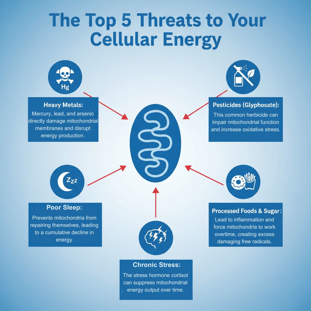 Infographic showing the top 5 threats to your cellular energy / mitochondria.