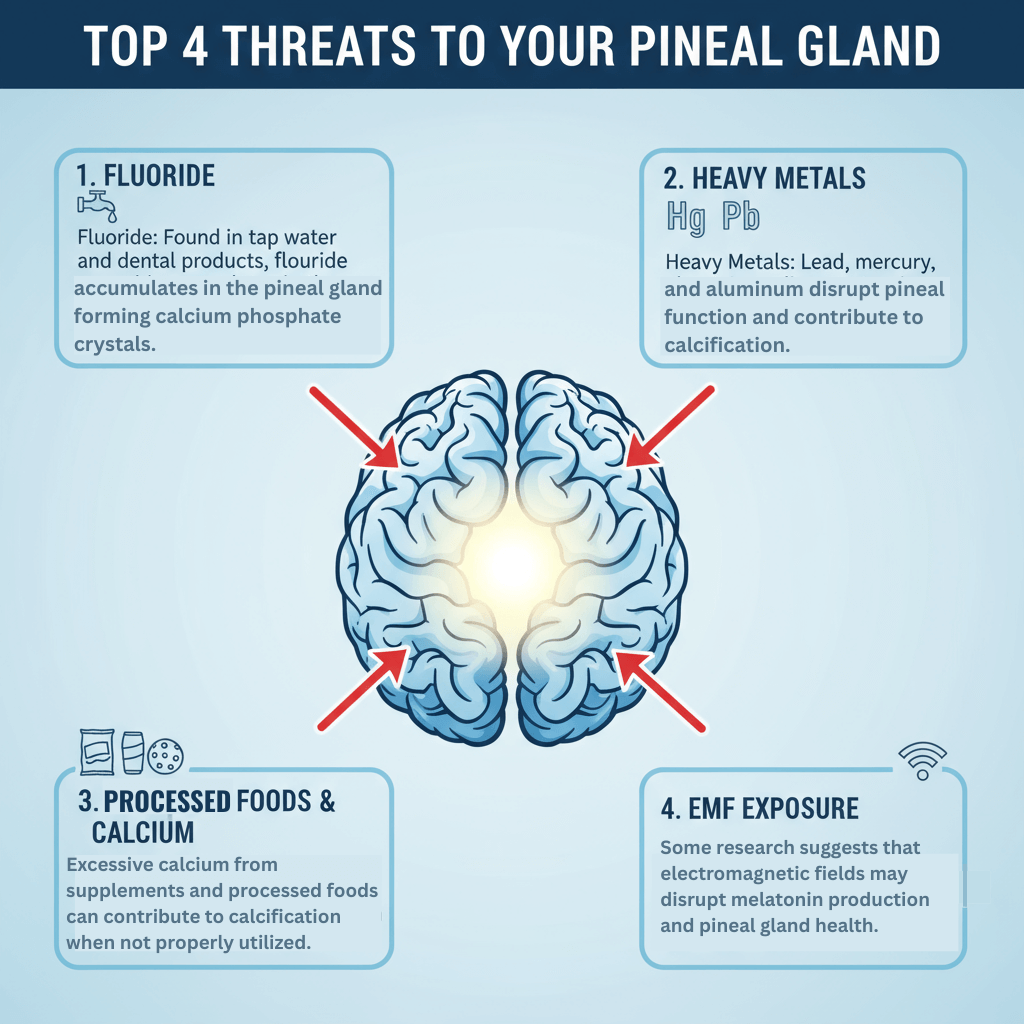 Infographic showing the top 4 threats to your pineal gland health.