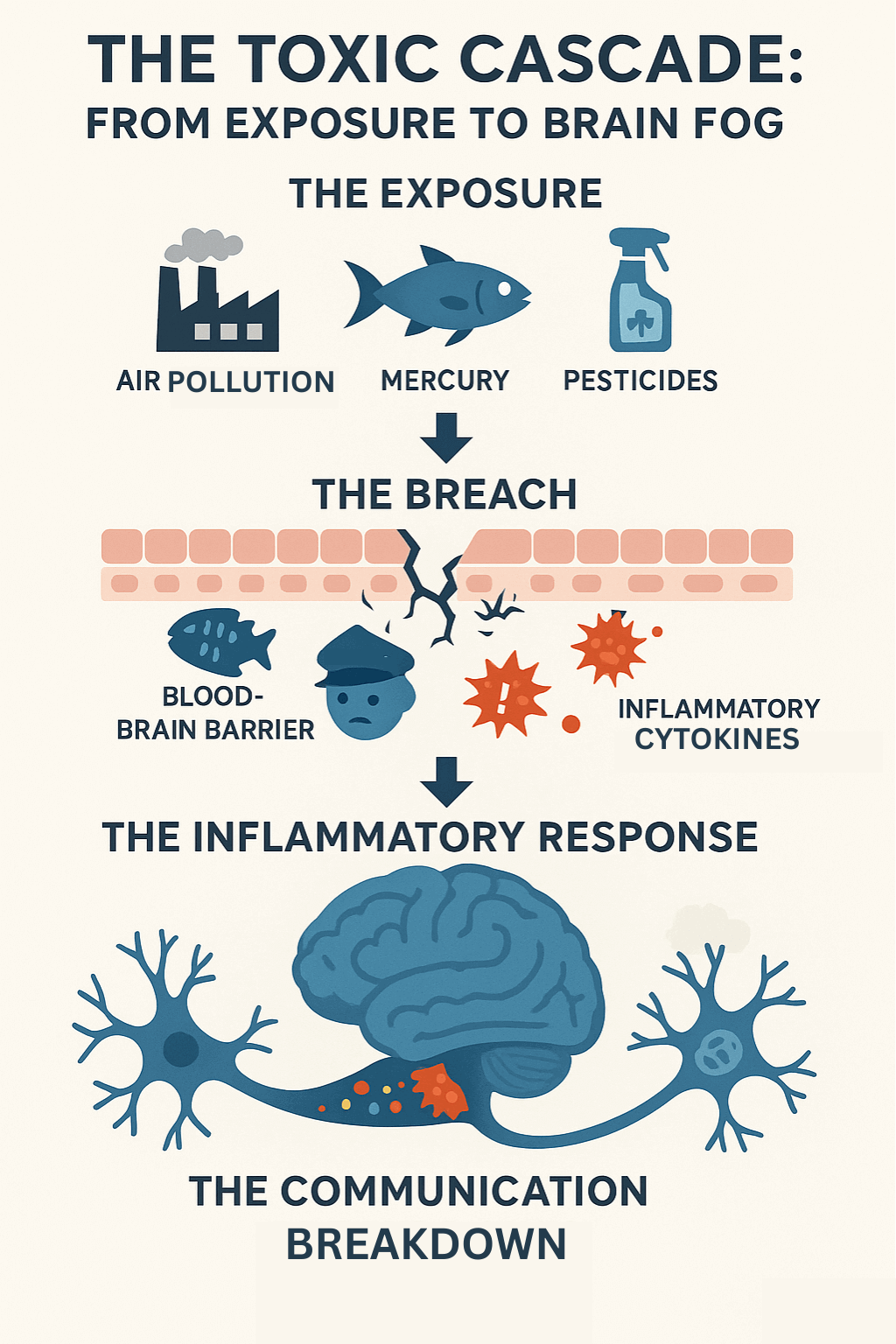 Infographic showing how toxins cross the blood-brain barrier and disrupt neurotransmitters.