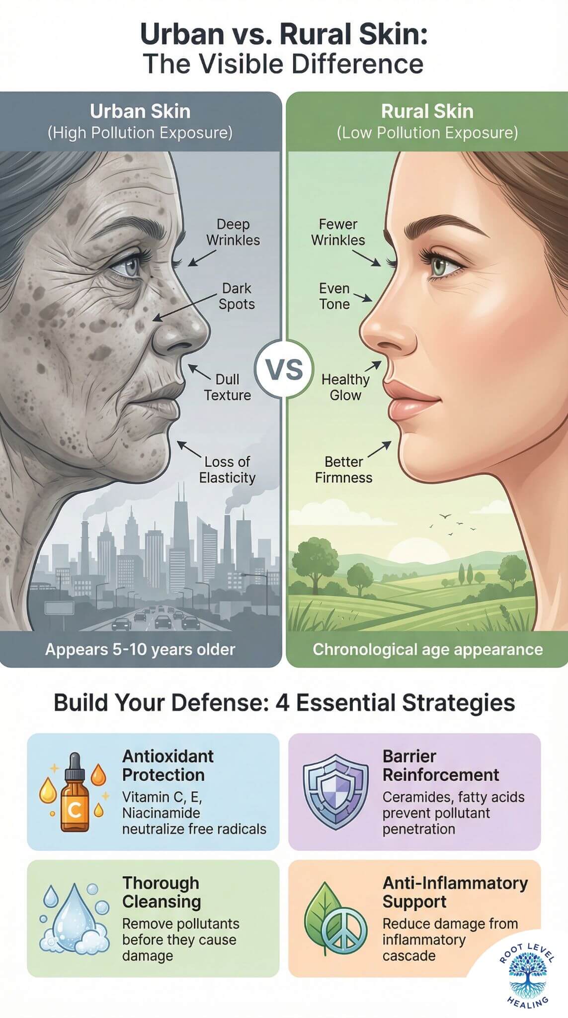 Split comparison showing urban skin with deep wrinkles and dark spots versus healthier rural skin, followed by four essential protection strategies: antioxidants, barrier reinforcement, cleansing, and anti-inflammatory support.