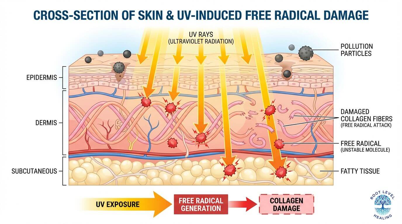 Infographic showing how UV radiation and pollution penetrate the skin, generating free radicals that damage collagen and elastin fibers, leading to wrinkles and sagging.