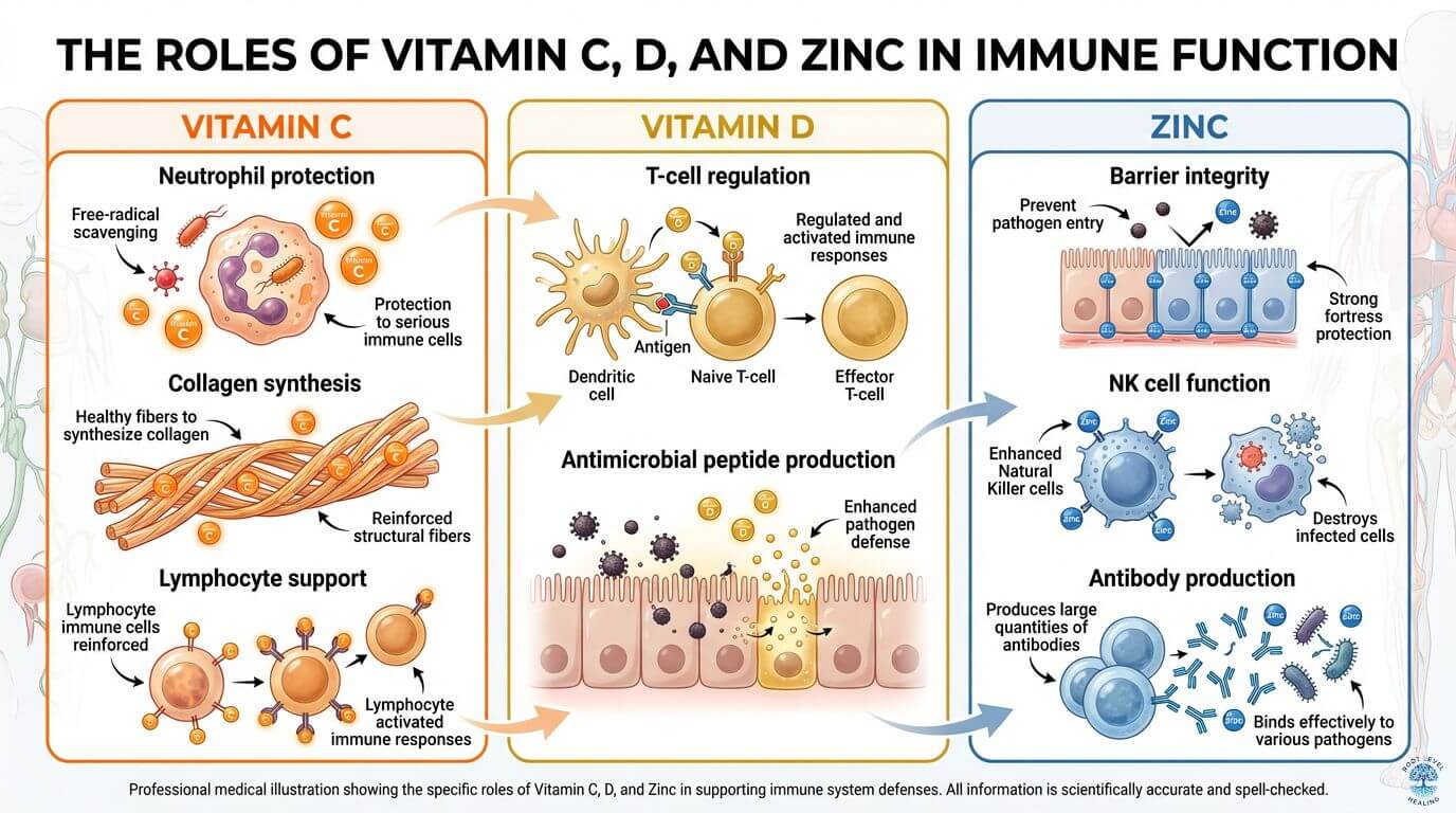 An infographic showing the specific roles of Vitamin C, D, and Zinc in different parts of the immune response.