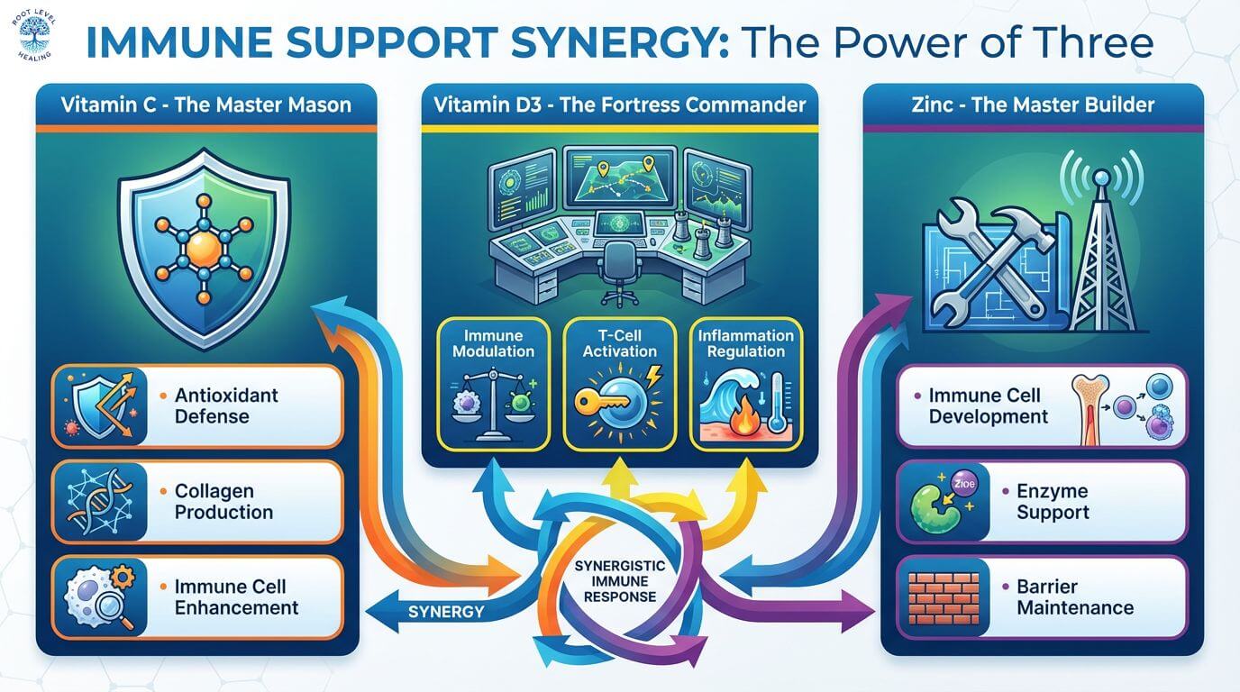 An infographic showing the synergistic benefits of Vitamin C, D3, and Zinc for immune health, with icons representing their roles.