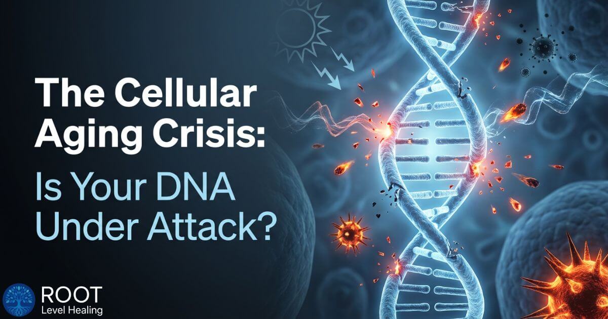 Scientific illustration showing what is cellular aging - DNA damage from environmental stressors attacking the DNA double helix structure causing genomic instability.