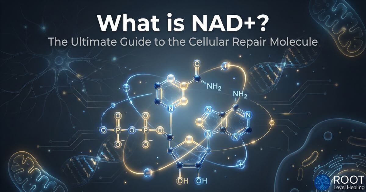Scientific illustration of the NAD+ molecule, the fountain of youth molecule, showing its central role in cellular repair and energy metabolism.