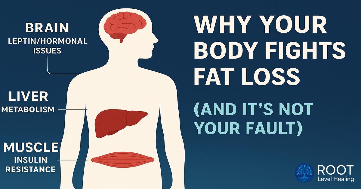 Scientific illustration showing metabolic pathways and hormones that prevent fat loss, including insulin resistance and leptin dysfunction