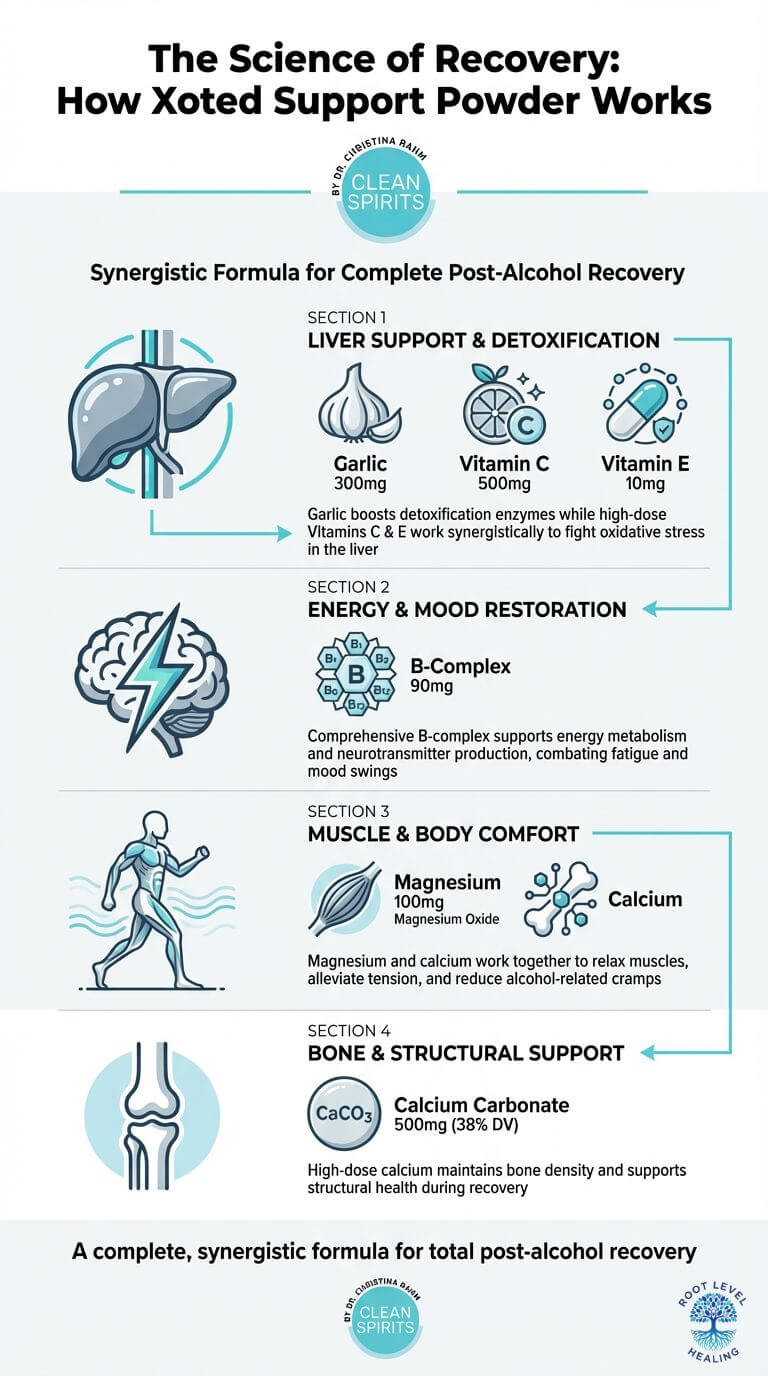 Infographic showing the synergistic power of Clean Spirits Xoted Support Powder ingredients: Liver Support with Garlic, Vitamins C & E; Energy & Mood with B-Complex; Muscle Comfort with Magnesium; and Bone Support with Calcium