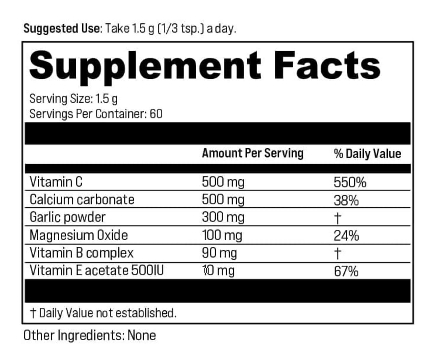 Detailed breakdown of the ingredients in Clean Spirits Xoted Support Powder, including Vitamin C, Garlic, B-Complex, Magnesium, and Vitamin E.