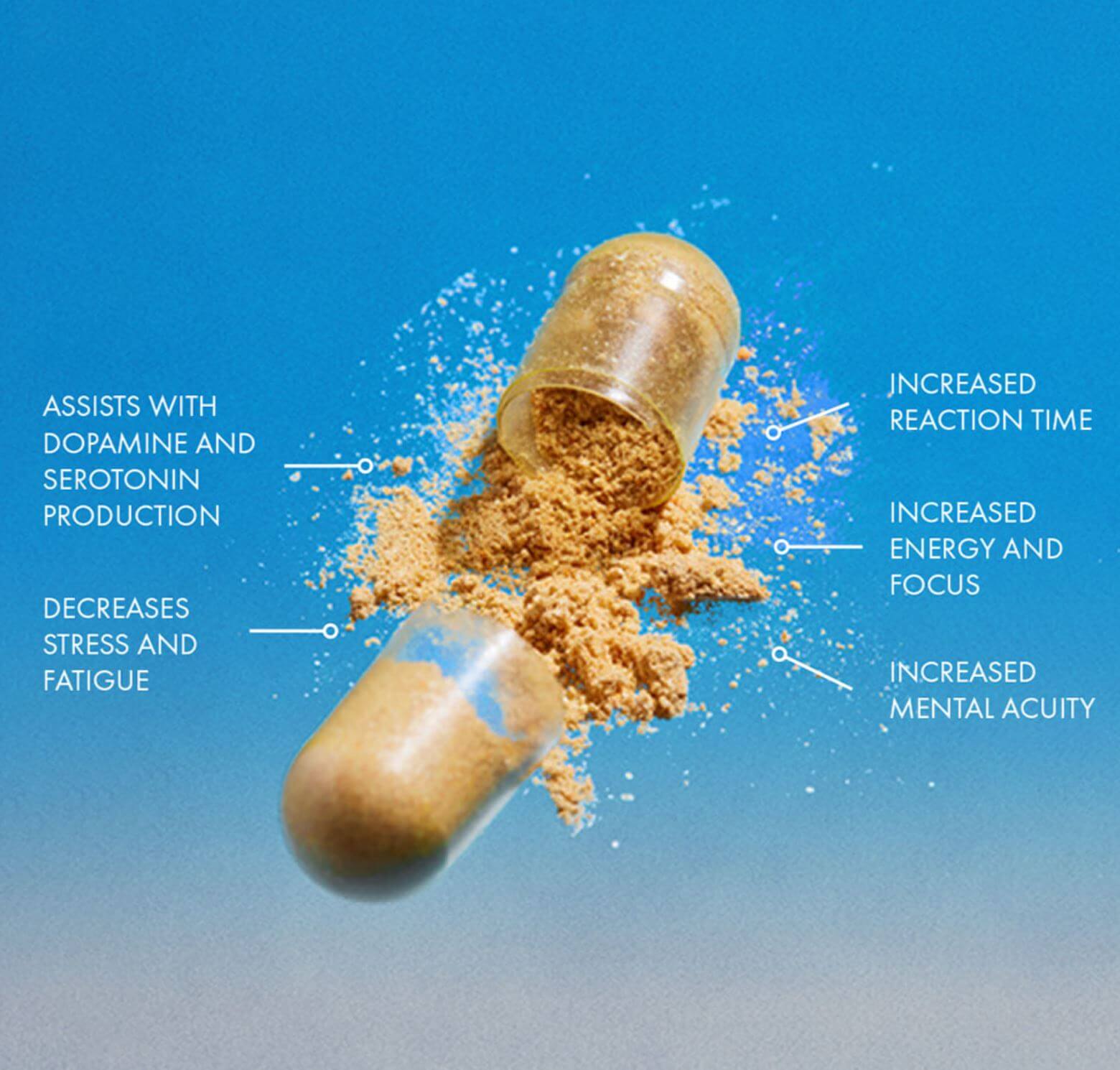 Zero-In infographic showing a capsule with ingredients spilling out, highlighting key benefits: assists with dopamine and serotonin production, decreases stress and fatigue, increased reaction time, increased energy and focus, and increased mental acuity.