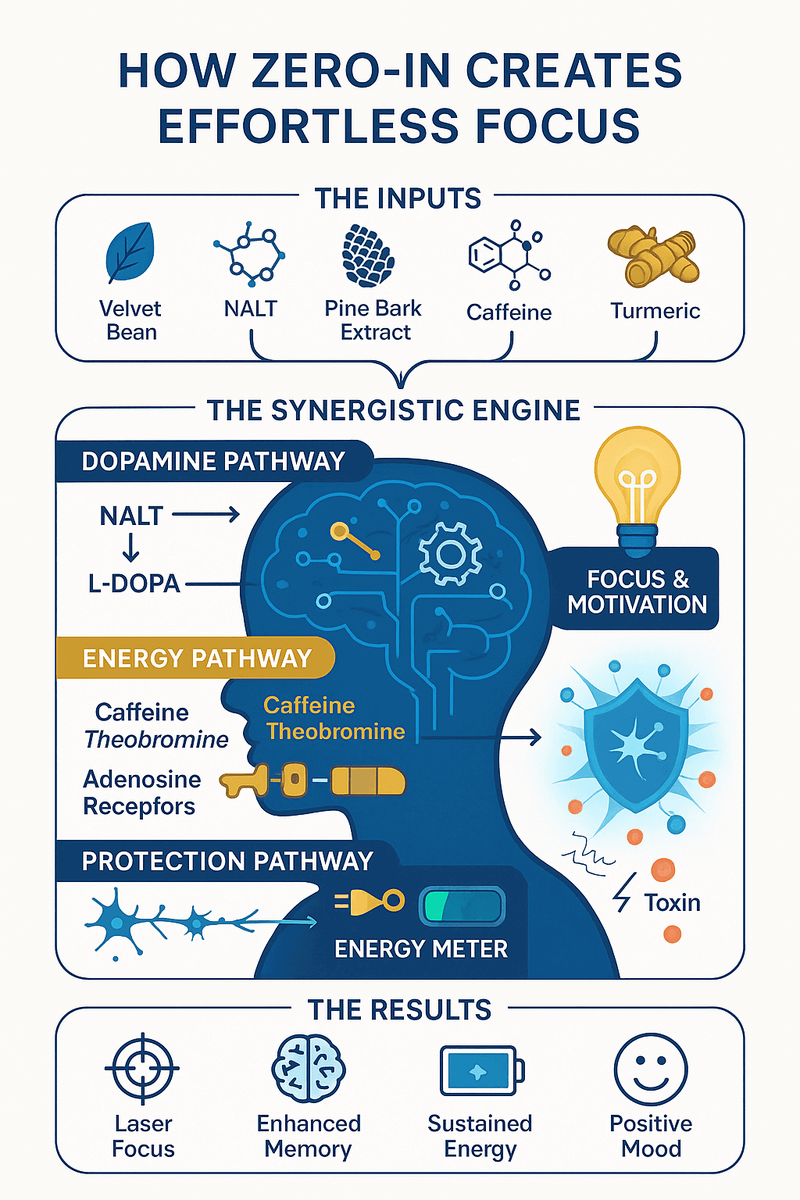 Infographic showing how Zero-In's ingredients work synergistically to enhance dopamine production, provide balanced energy, and protect the brain.